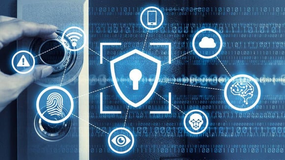 Illustration of encrypted data with padlocks and secure data flows, representing network security