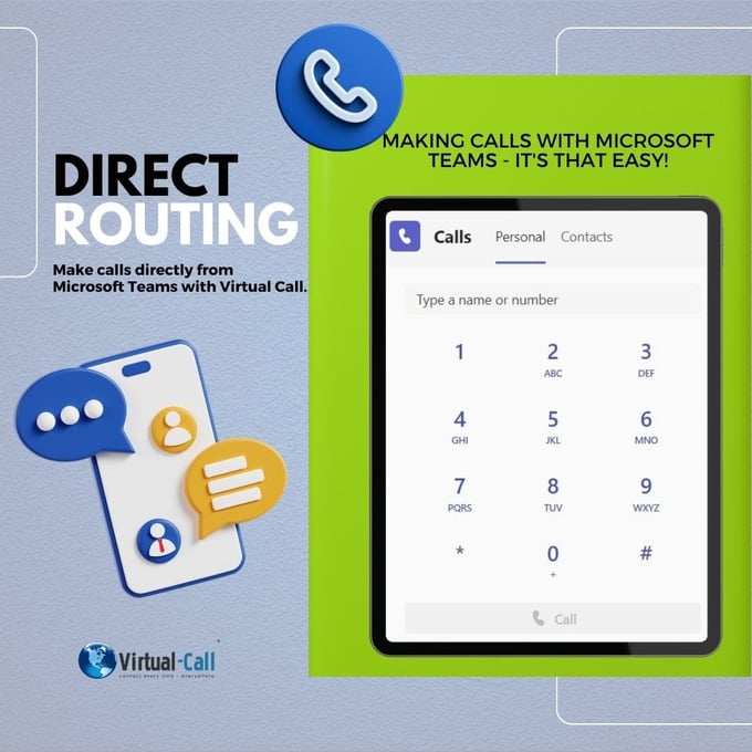 Virtual-Call designer image showcasing Direct Routing solution with a MS Teams phone keypad on a mobile screen.