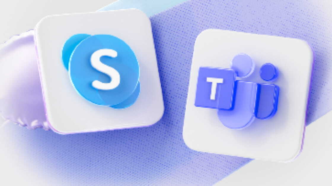 Imagem com os logotipos das empresas Skype e Microsoft Teams, representando o fim da plataforma Skype e a migração para o Microsoft Teams.